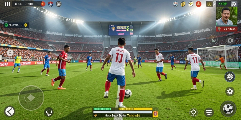 Screenshot gameplay 77RP menunjukkan aksi sepak bola yang mendebarkan.