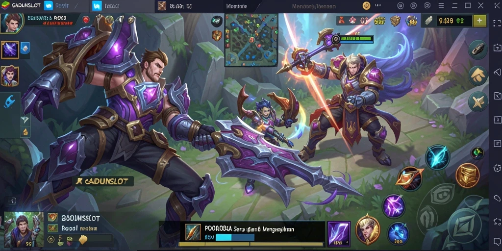 Tampilan gameplay seru GADUNSLOT dalam pertempuran MOBA.
