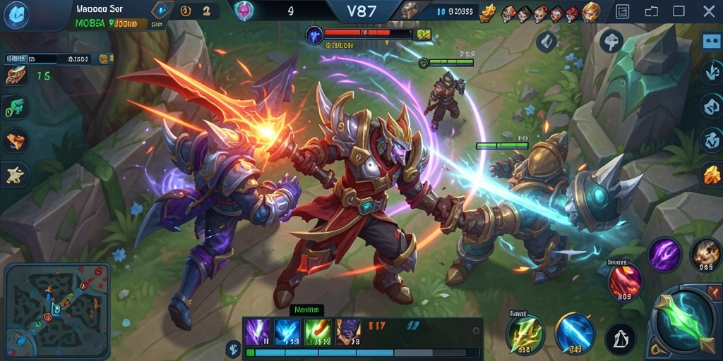 Screenshot gameplay V87 menampilkan aksi seru di arena MOBA.